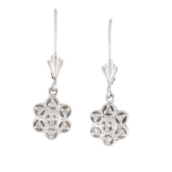 Vintage Gorgeous 14K White Gold Diamond Drop Flower Earrings - Picture 2 of 8